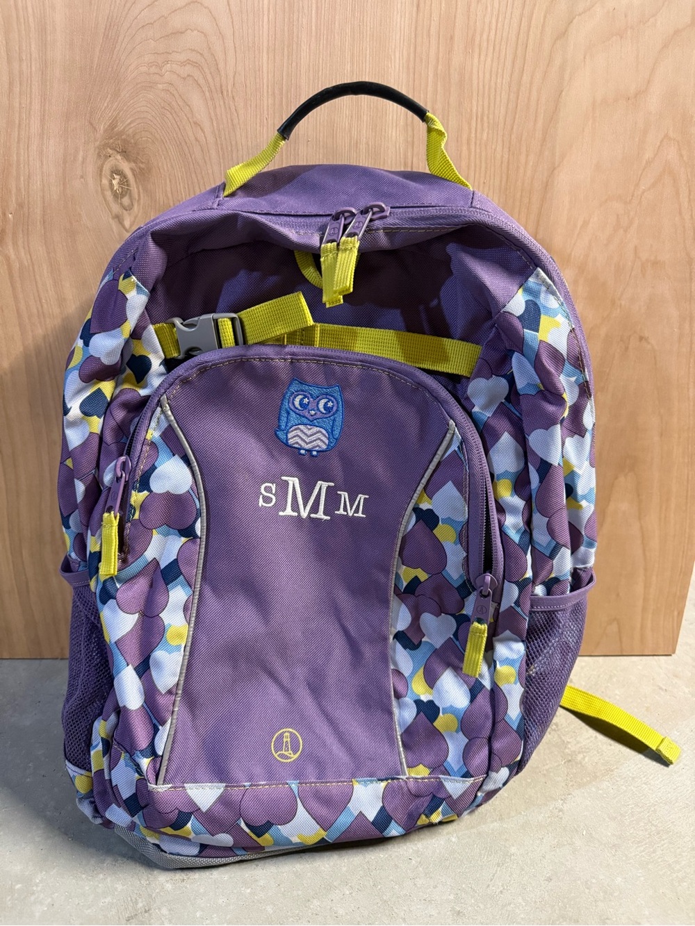 Lands End Kids Purple Heart Backpack with Owl and SMM embroidery